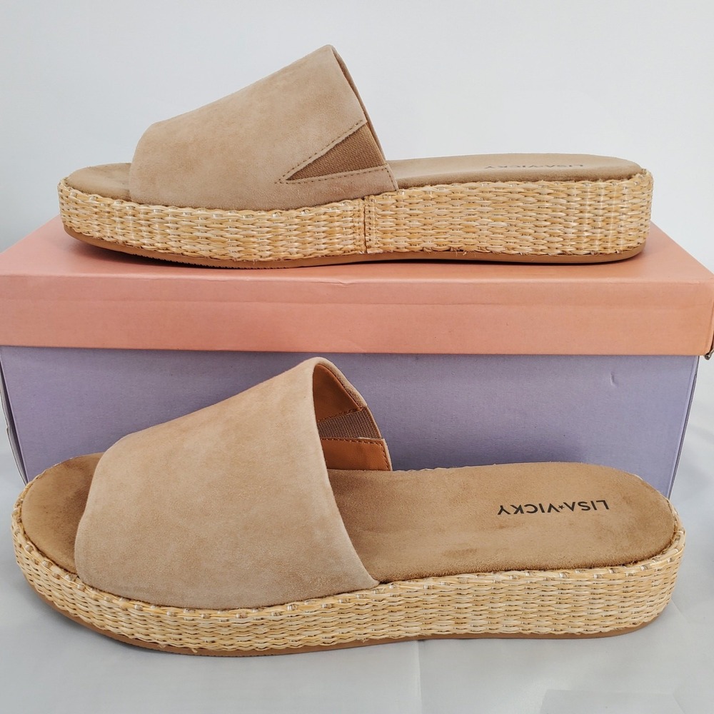 Lisa Vicky Tan Suede Platform Slide Sandals Woven Raffia Midsole Womens 8 New - Picture 2 of 10